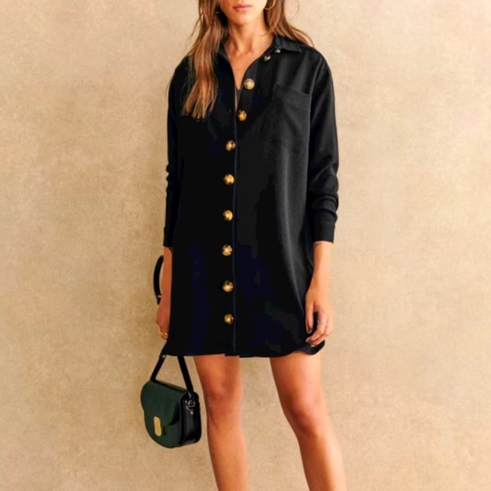 Sezane Black Long-Sleeve Shirt Dress with Gold Buttons